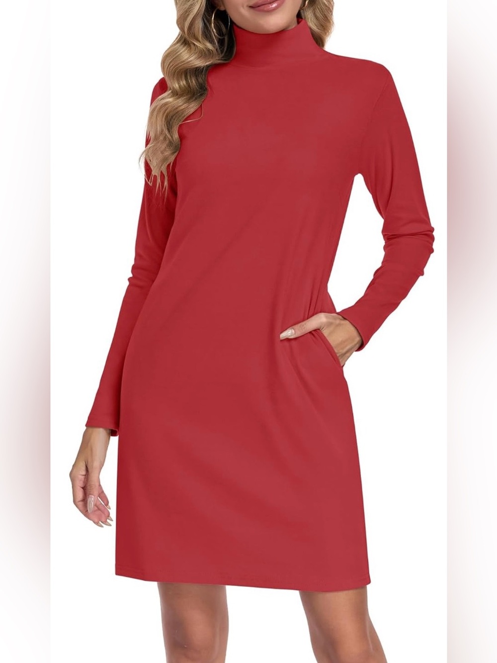 Mock turtleneck Long-Sleeve Red Dress with Pockets